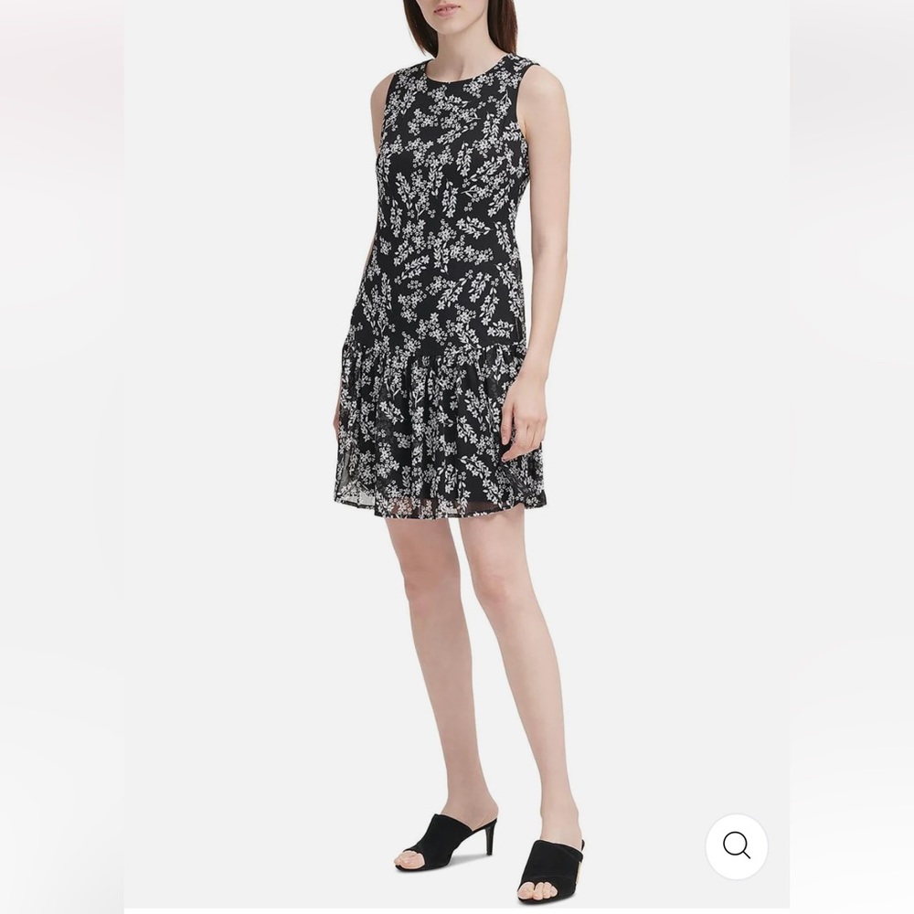 Calvin Klein Ruffle Chiffon Floral Sleeveless Flare Flounce Dress Size 10
